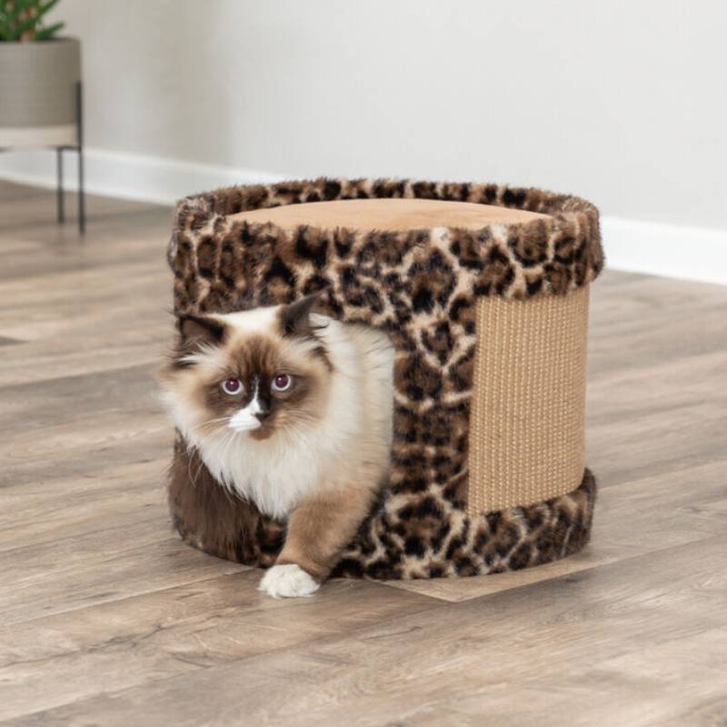 Trixie Leo Cat Scratching Cave features a leopard print and a fleece-lined front entrance.