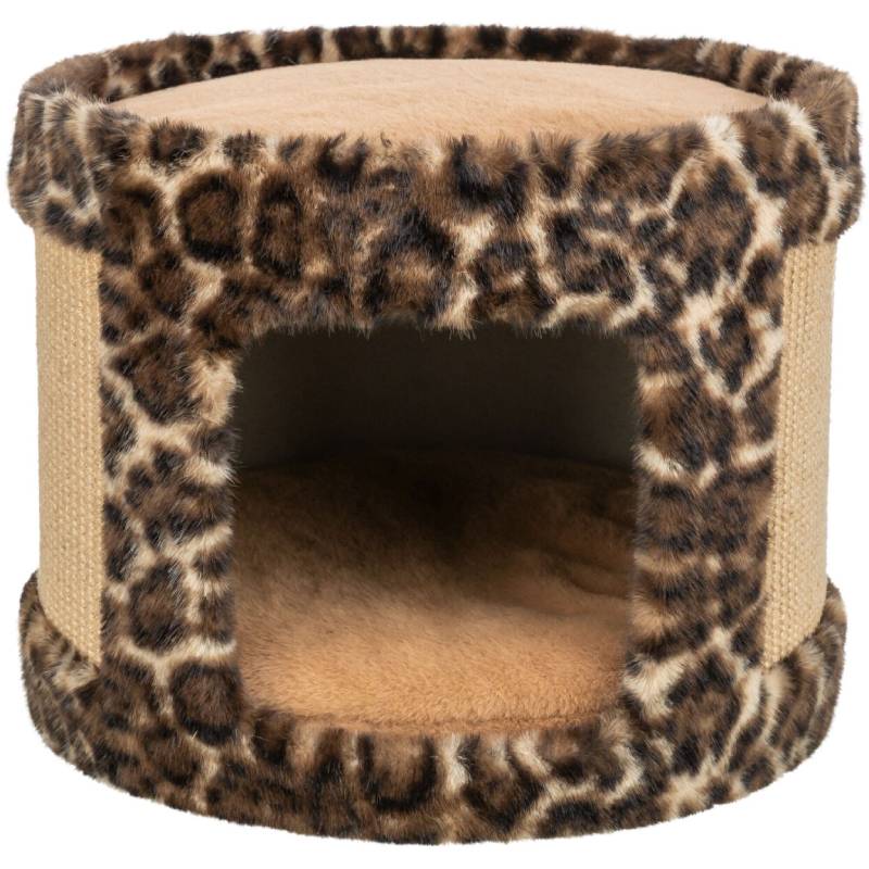 Trixie Leo Cat Scratching Cave features a leopard print and a fleece-lined front entrance.