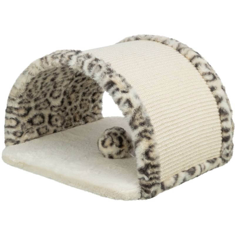 Trixie Leo Cat Scratching Bridge in cream leopard offers an arch, jute scratcher, and ball toy.