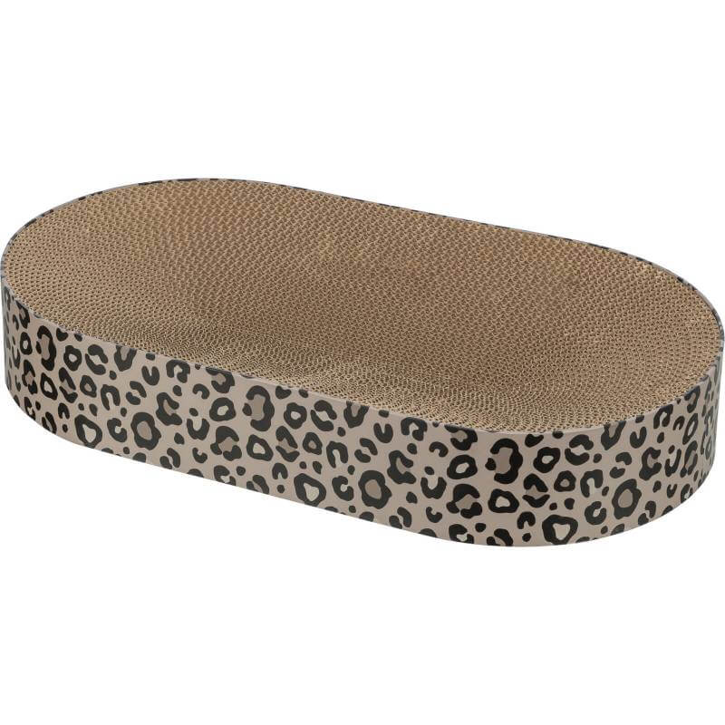 Trixie Leo oval cat scratching bed with leopard print, cardboard surface, and catnip.