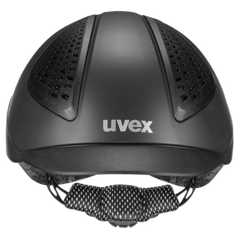 Uvex Exxential III Riding Hat Black Matt features ventilation panels and an adjustable chin strap.