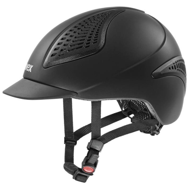 Uvex Exxential III Riding Hat Black Matt features ventilation panels and an adjustable chin strap.