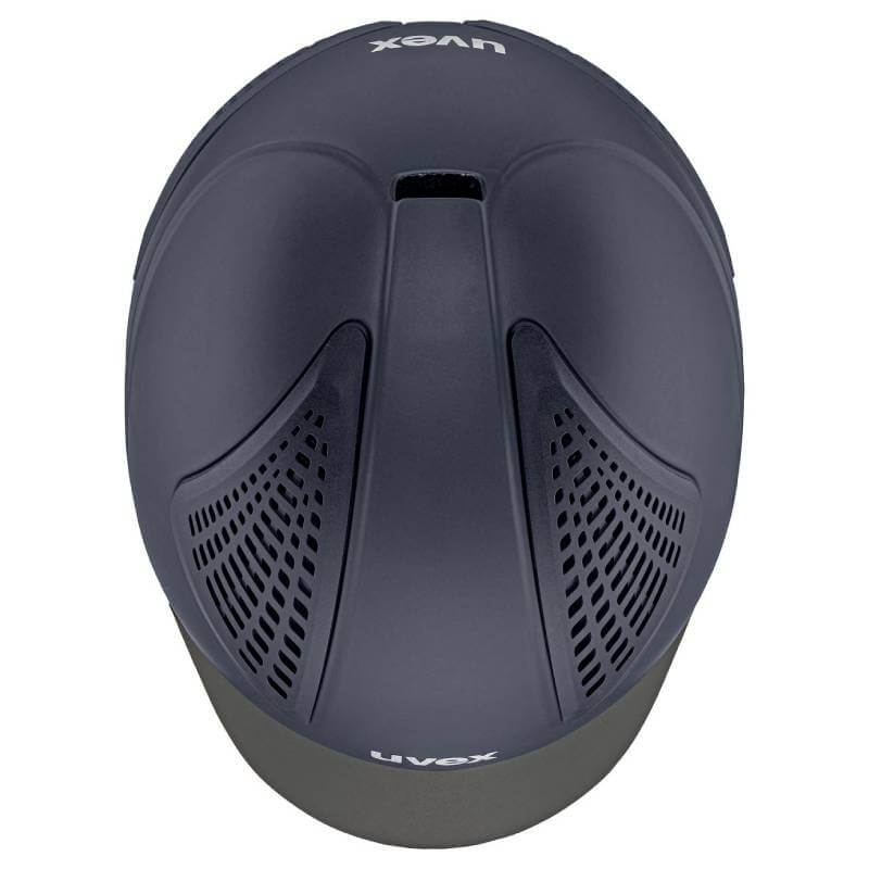 Top view of the Uvex Exxential III Riding Hat Navy Matt with black vents and a smooth finish.