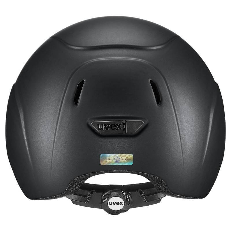 Uvex Kiddox Riding Hat Black Matt 3XS-S shown from the back with vents and adjustable dial.