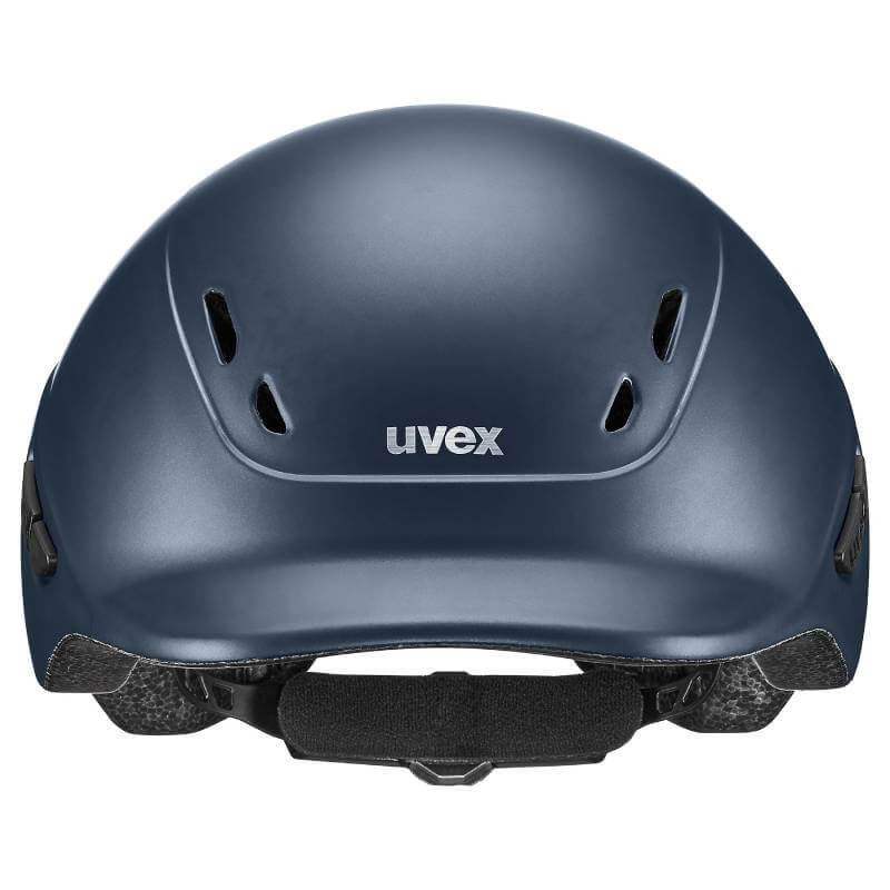 The Uvex Kiddox Riding Hat Navy Matt 3XS-S features a visor and black straps, shown side view.