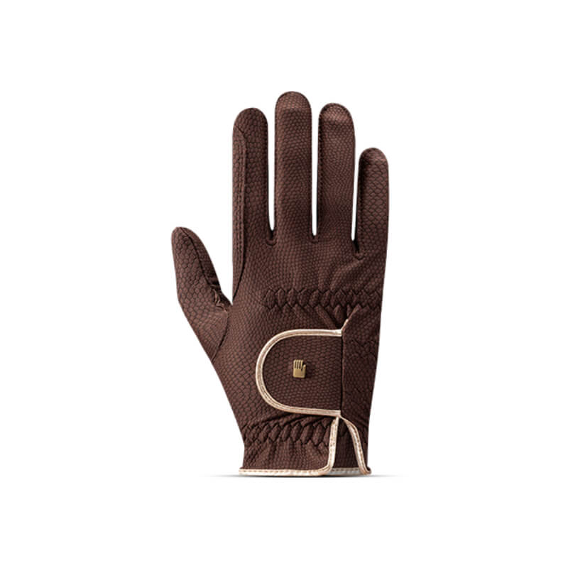 Roeckl Lona Gloves in Mocha/Gold with decorative stitching, shown palm-forward.
