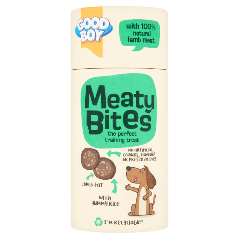 Good Boy Meaty Bites 70g dog treats with lamb and rice in a container featuring a cartoon dog.