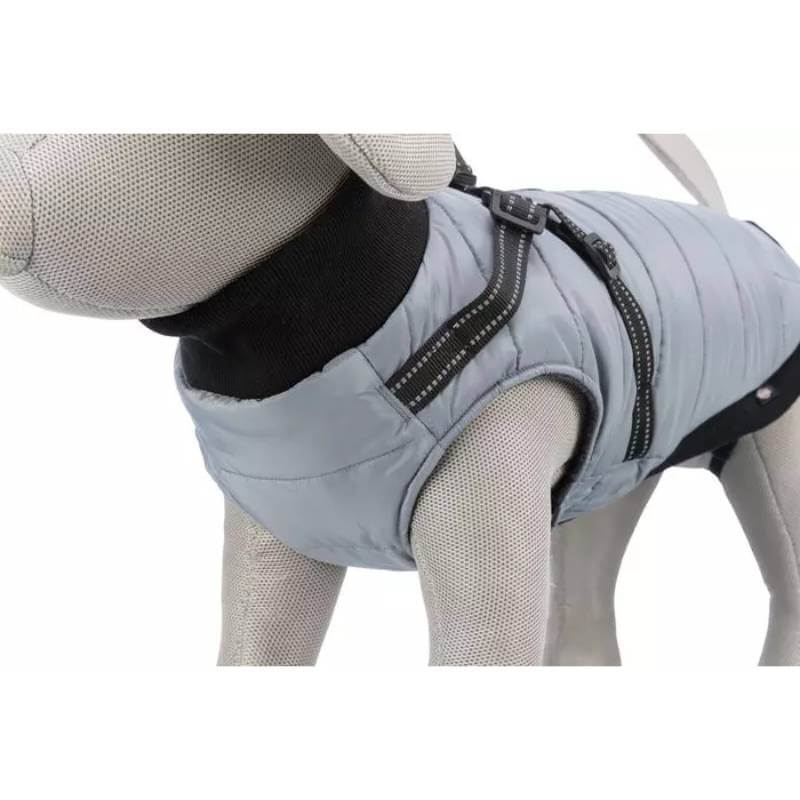 Trixie Pontis Coat with Harness Grey on gray dog mannequin; features black trim, reflective accents.