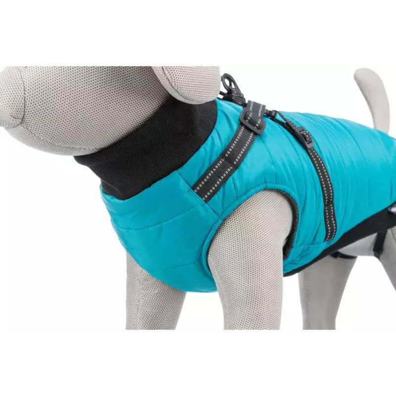 Gray dog mannequin in Trixie Pontis Coat with Harness Aqua by Trixie.