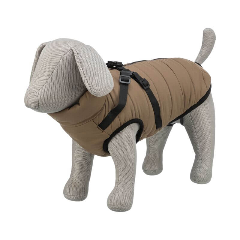 Gray dog mannequin in Trixie Pirou Coat with Harness Sand by Trixie.