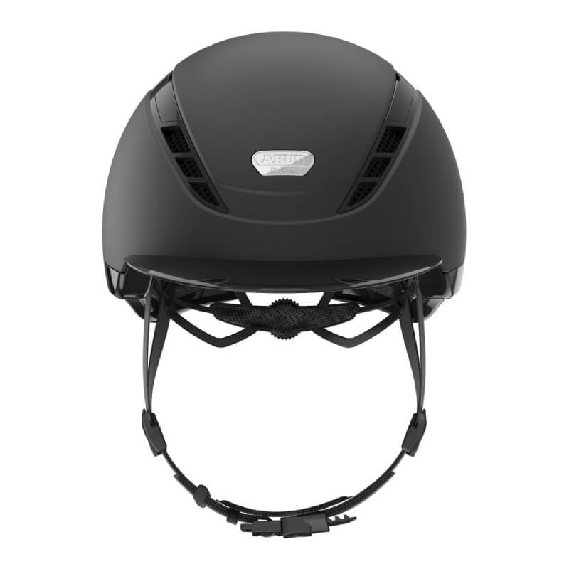 Pikeur Abus AirDuo Black helmet with vents and adjustable strap for superior shock absorption.