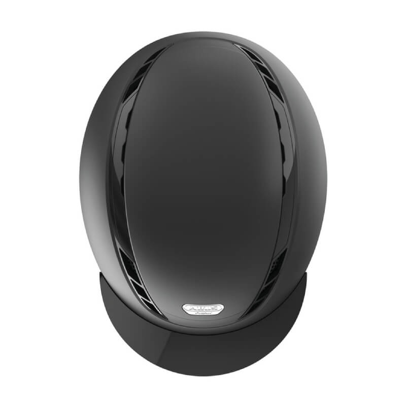 Top view of the Pikeur Abus AirDuo Equestrian Riding Helmet Black with vents and small logo.