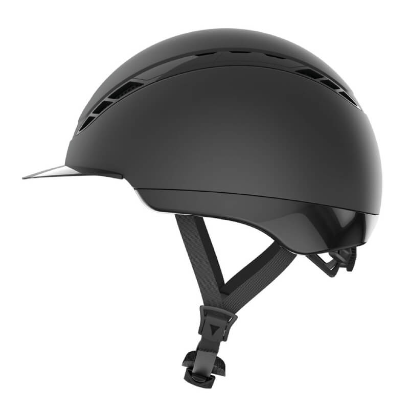 Pikeur Abus AirDuo equestrian helmet in black with visor and adjustable chin strap, side view.