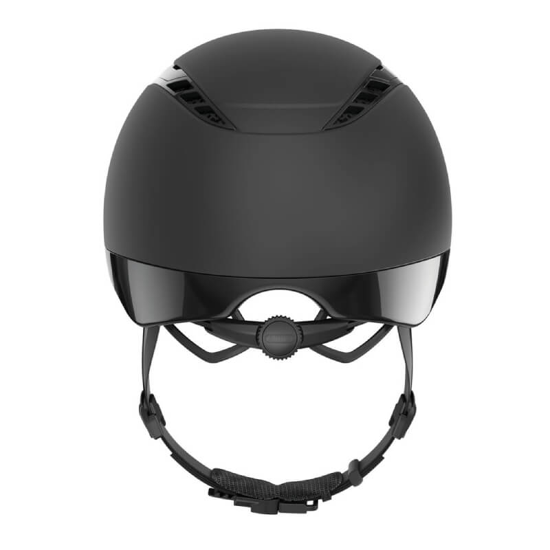 The Pikeur Abus AirDuo Equestrian Riding Helmet Black with adjustable strap and dial, front view.