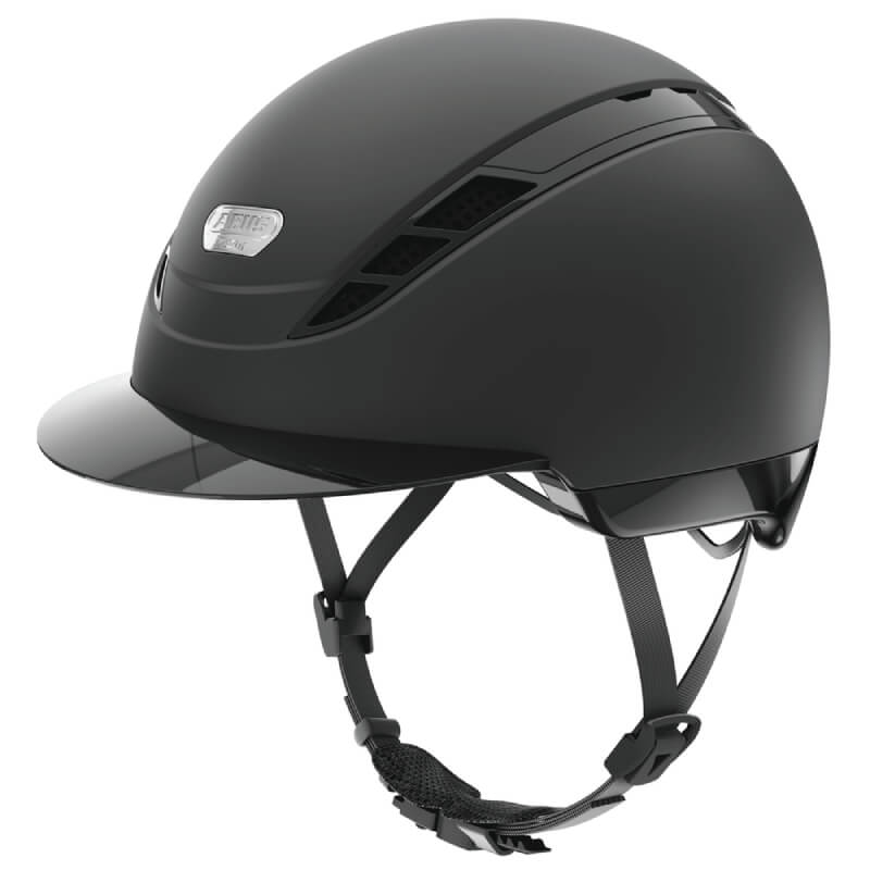 Pikeur Abus AirDuo black riding helmet with chin strap, vents, and shock absorption.