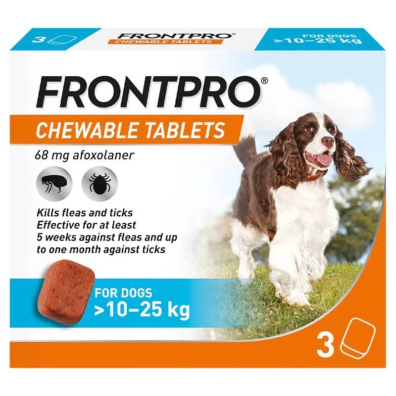 Frontline FrontPro Chewable Tablets 3 pack for dogs 10-25 kg, dosage on box.