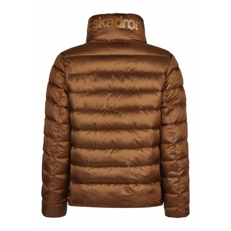 Eskadron Heritage Quilt Jacket Almond, shiny brown nylon, front zipper, high collar, on white.