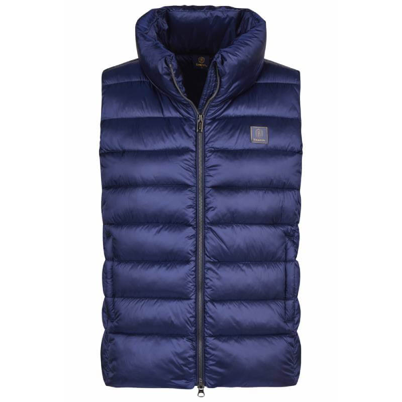 Eskadron Heritage Quilt Waistcoat True Blue with front zipper and high collar, front view.