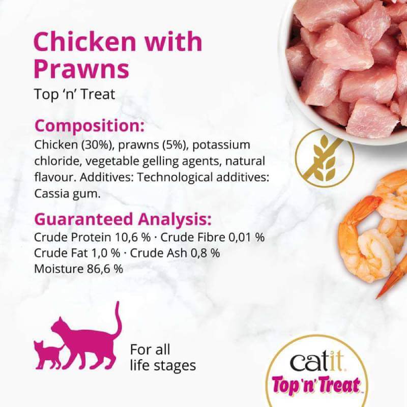 Catit Top 'n' Treat Chicken 3x60g label with prawns, ingredients, and nutrition on white background.
