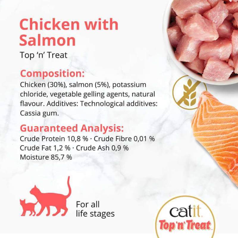 Catit Top 'n' Treat Chicken 3x60g grain-free cat food label with ingredients and nutrition info.