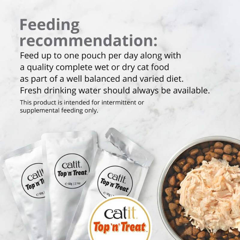 Catit Top 'n' Treat Tuna 3x60g hydrating, high-protein cat food with feeding instructions.