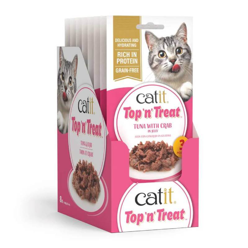 Catit Top 'n' Treat Tuna 3x60g hydrating wet cat treat in box for cats.
