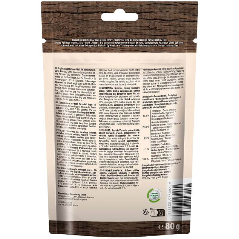 Back of Fleischeslust Meat & Treat Coins Beef 80g pouch with ingredients and nutrition info.