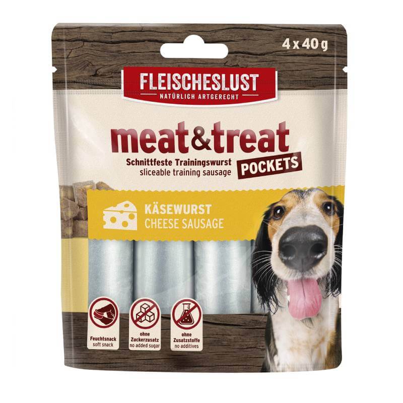 Fleischeslust Meat & Treat Pockets Cheese Sausage 160g pack with dog face, contains 4 treats.