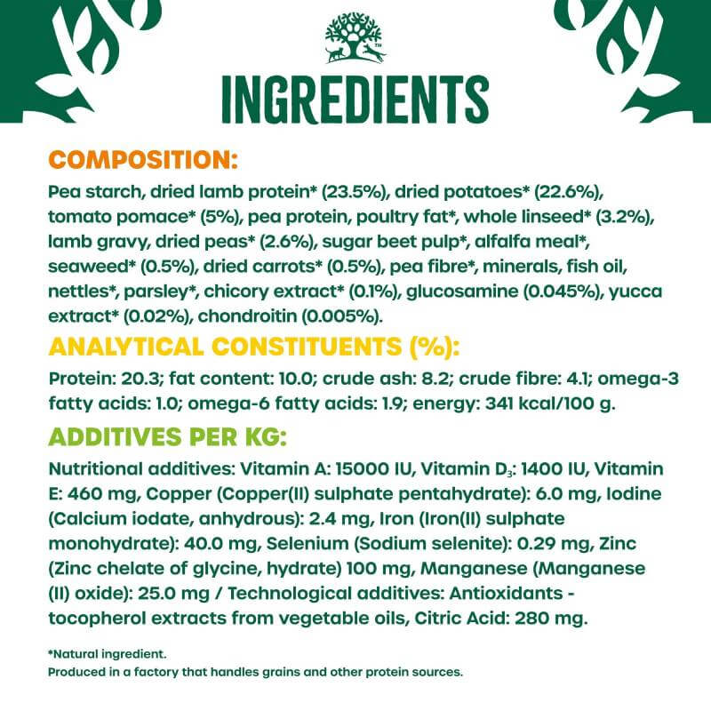 James Wellbeloved Lamb & Veg Grain Free Senior 1.5kg ingredients and nutrition on white background.