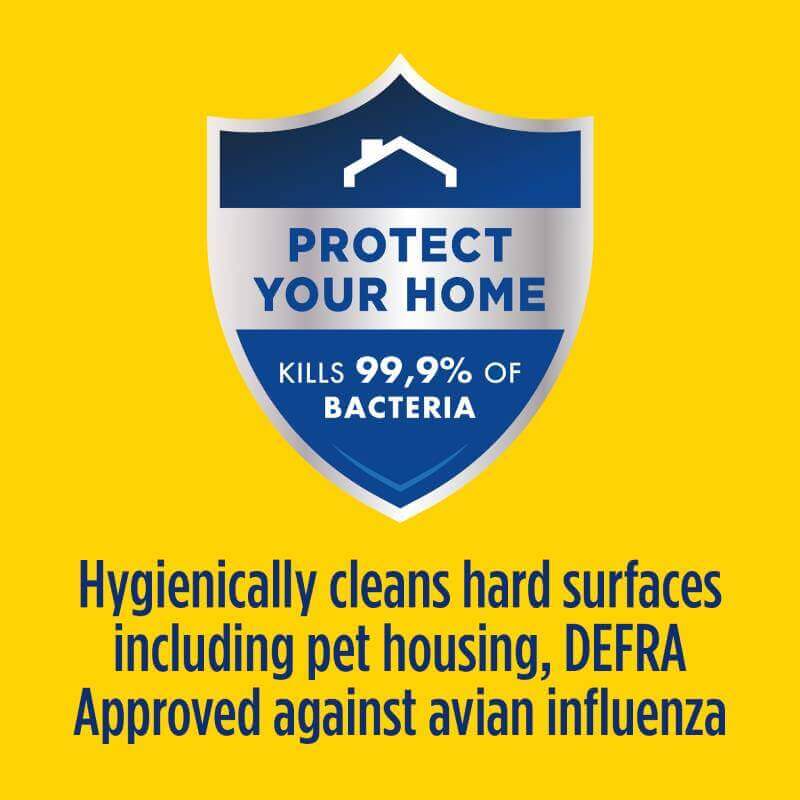 Shield icon: Jeyes Fluid 1Ltr kills bacteria & viruses; approved against avian influenza.