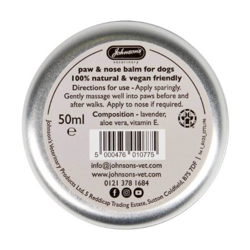 JVP Paw Balm 50ml round tin for dogs, shows label with ingredients and directions.