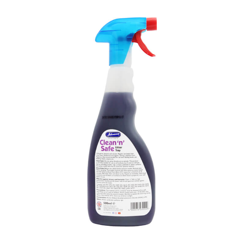 JVP Clean N Safe Litter Tray Spray 500ml with a blue and red trigger nozzle.