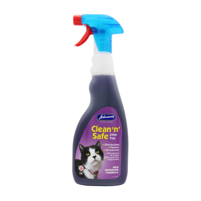 JVP Clean N Safe Litter Tray Spray 500ml disinfectant in a spray bottle.
