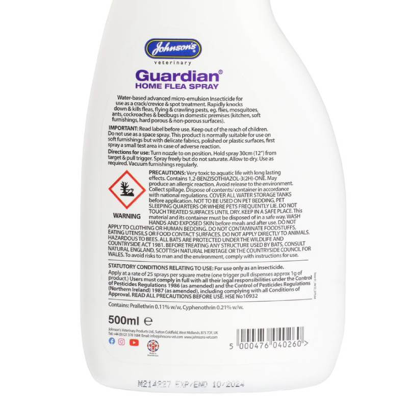 JVP Guardian Home Flea Spray 500ml for effective at-home flea and insect control.