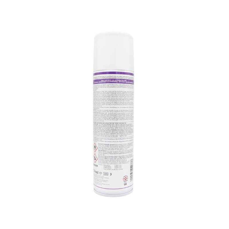 JVP Veterinary House Flea Spray Extra Guard 250ml, white can with purple label, back view.