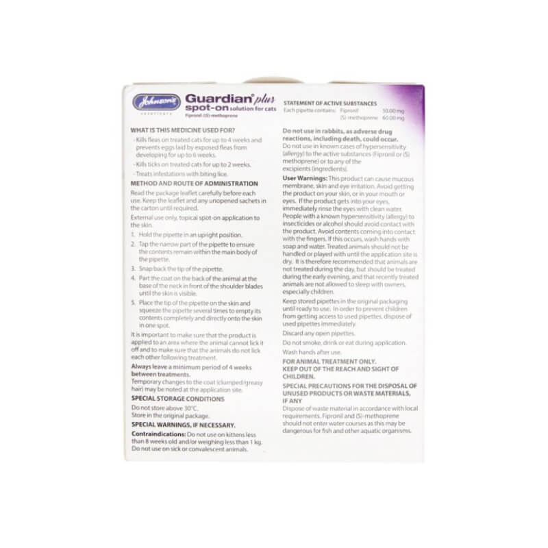 JVP Guardian Plus Spot-On Solution for Cats 1kg+ box back showing flea treatment instructions.