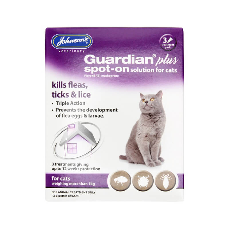 JVP Guardian Plus Spot-On Solution for Cats 1kg+ kills fleas, ticks, and lice.