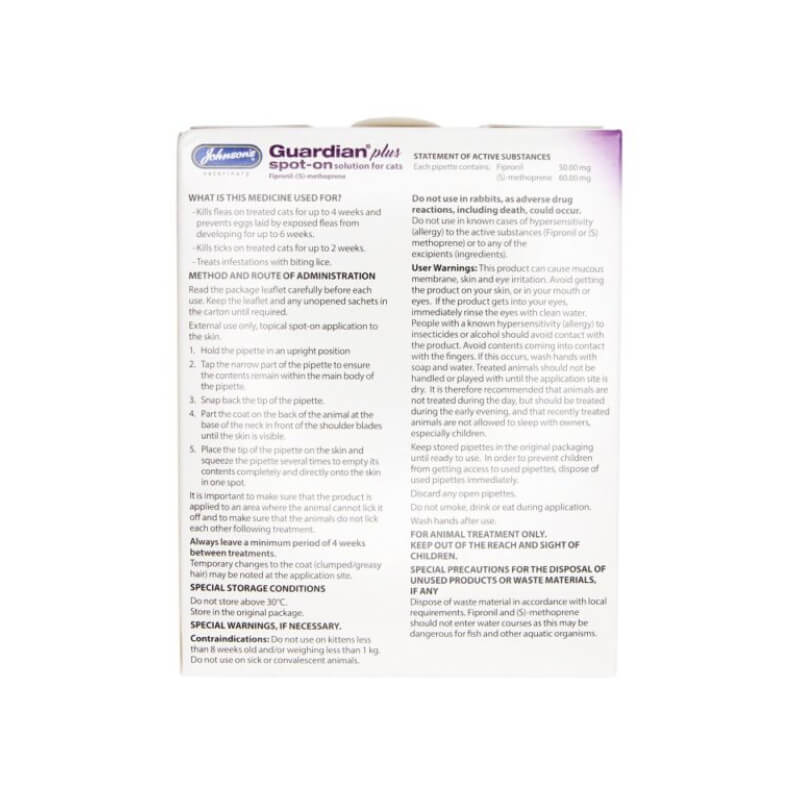 Back of JVP Guardian Plus Spot-On Solution for Cats 1kg+ box with instructions and warnings.