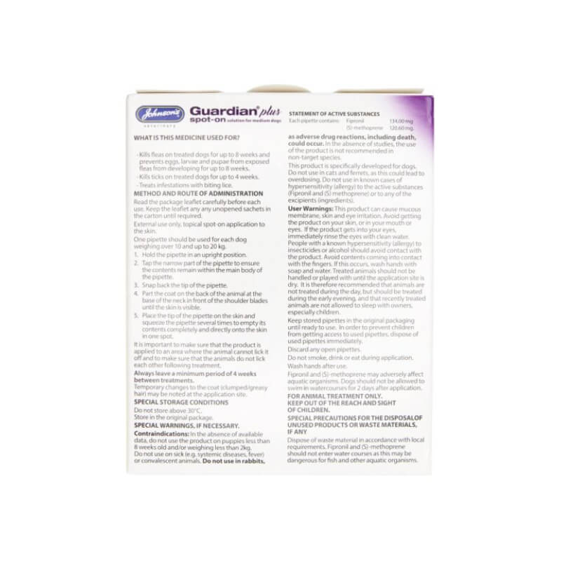 Back of JVP Guardian Plus Spot-On Solution for Dogs with usage and dosage instructions.