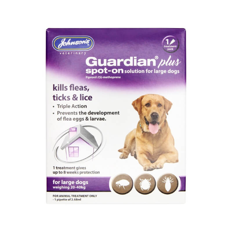 JVP Guardian Plus Spot-On Solution for Dogs box features a happy dog and product details.