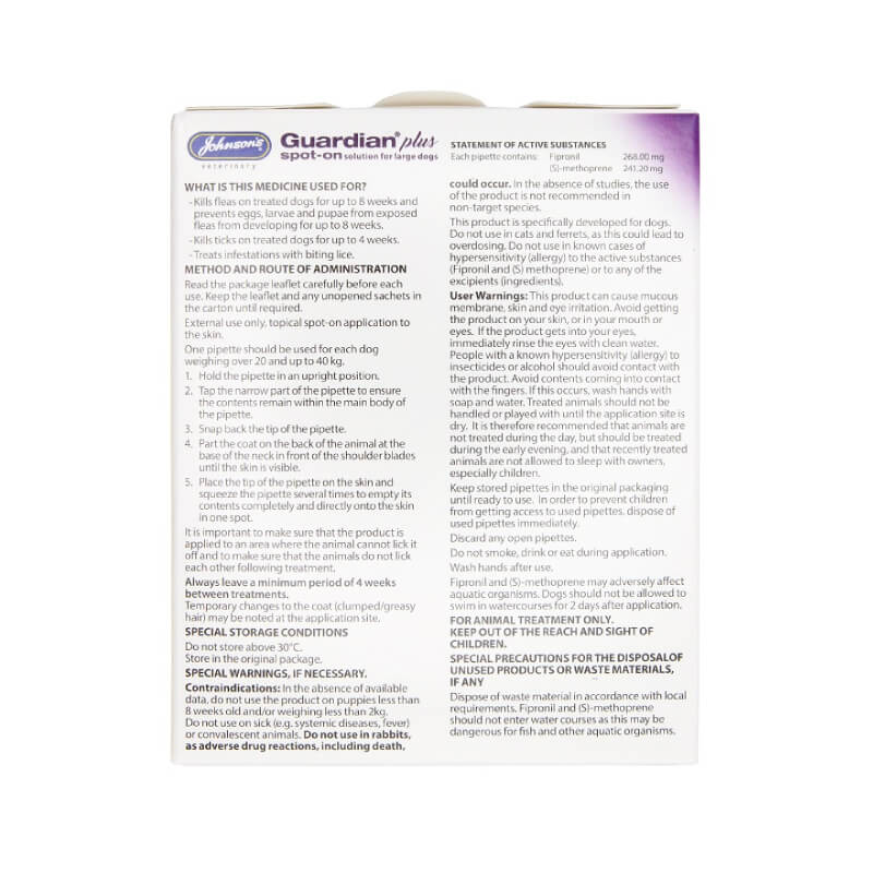Back of a JVP Guardian Plus Spot-On Solution for Dogs box with flea treatment instructions.