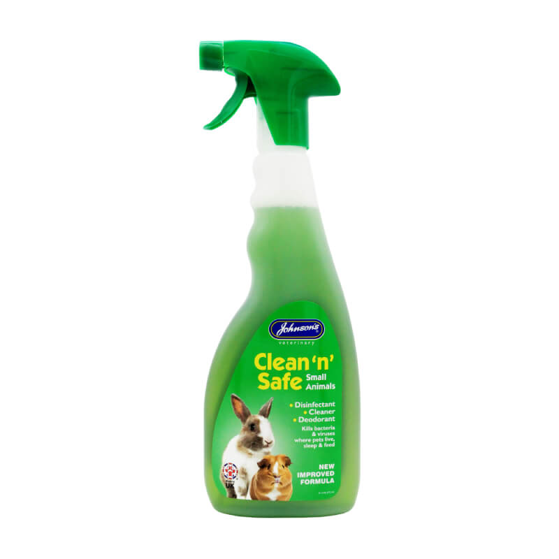 JVP Clean N Safe Disinfectant 500ml spray for small animal hutches & cages; rabbit design.