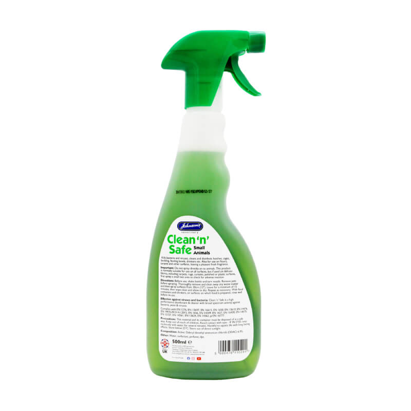 JVP Clean N Safe Disinfectant Small Animal 500ml cleans and disinfects cages and hutches.