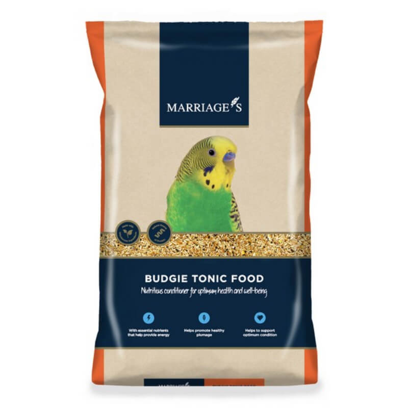 Marriages Budgie Tonic Food for high energy, with a green and yellow budgie on the packaging.