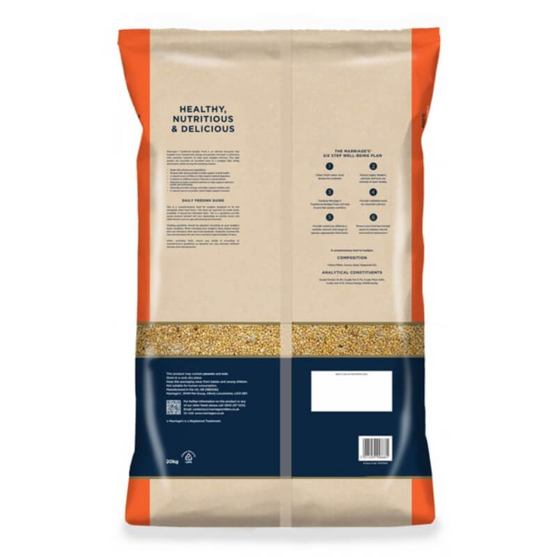 Marriages Traditional Budgie Food 20kg bag with text and a clear window showing kibble.