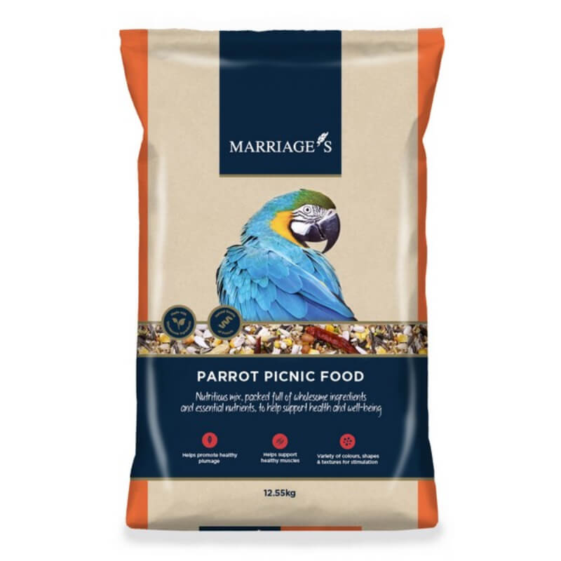 Marriages Parrot Picnic Food 12.55kg features a blue and yellow parrot on the front.
