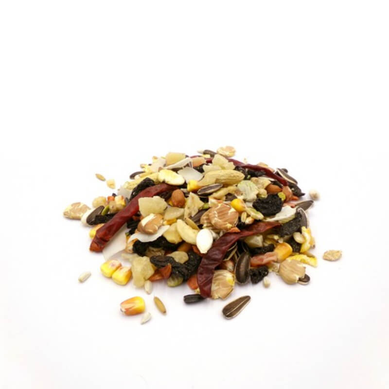 Marriages Premier Parrot Food by Marriages with dried fruits, nuts, seeds & grains on display.