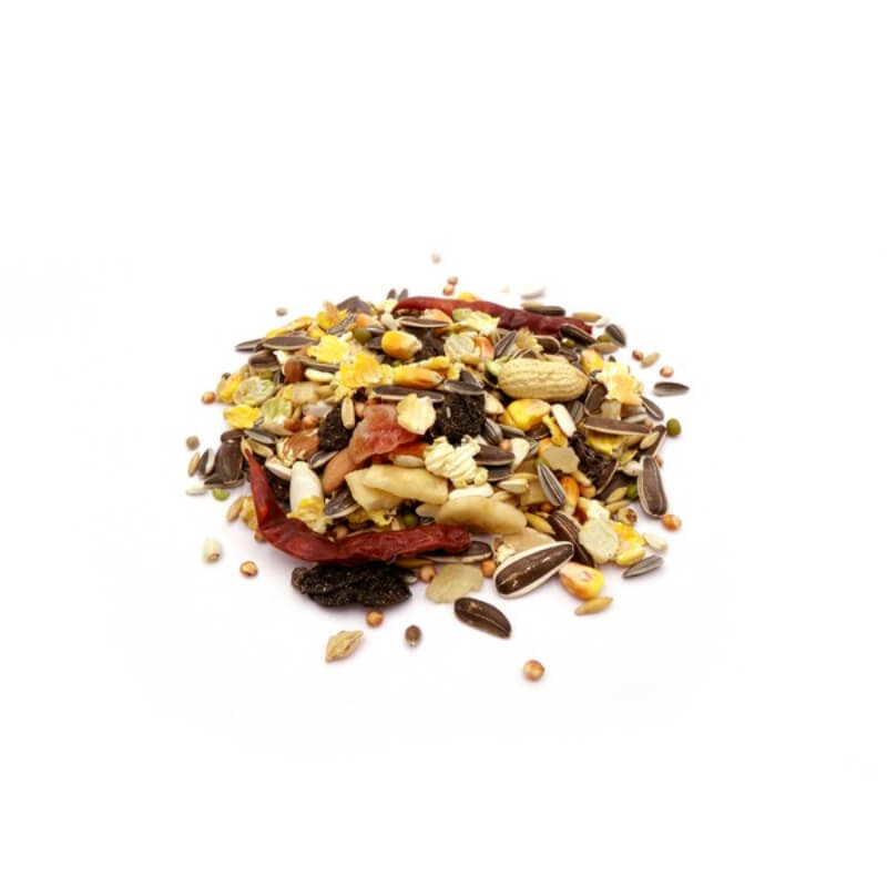 Marriages Fun Foraging Parrot Food—dried fruits, seeds, and grains on a white background.