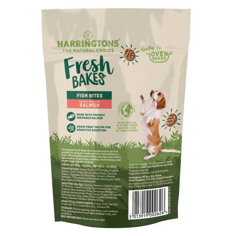 Harringtons Fresh Bakes Salmon Fish Bites, 100g pouch, grain-free dog treats.