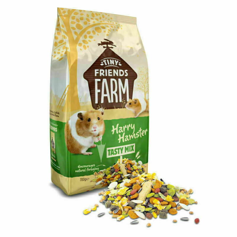 Supreme Harry Hamster food by Supreme Petfoods with a pile of nutritious hamster mix in front.